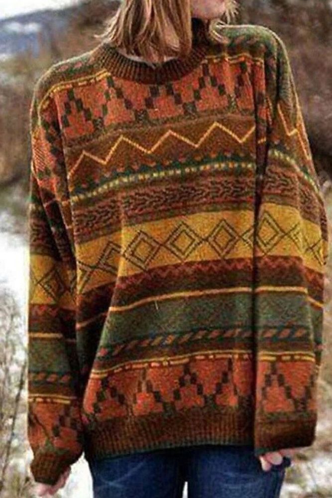 Yellow Geometric Jacquard Vintage Knit Sweater Women O-Neck Pullover Plus Size Korean Tops Harajuku Female Fall Winter Sweaters