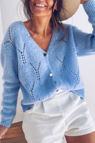 Woman V-Neck Solid Hollow Out Knitted Cardigan