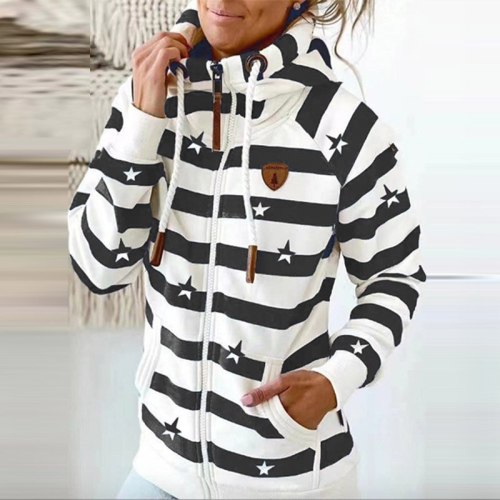 Autumn Winter Fashion Star Stripe Print Sweatshirt Pullover Women Zipper Pocket Hooded Tops Casual Long Sleeve Sweatshirt Hoodie