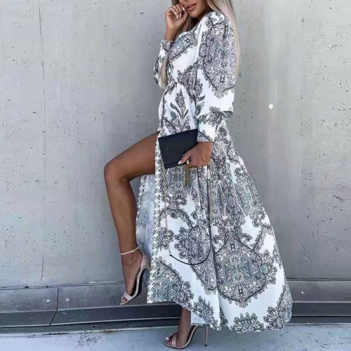 Sexy V-Neck High Slit Boho Printed Elegant Maxi Dress