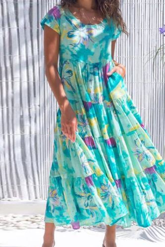 Boho Elegant Floral Print Summer Beach Dress Women O-neck Short Sleeve Casual Dress 2021 Spring Pocket Pleated Long Party Dress