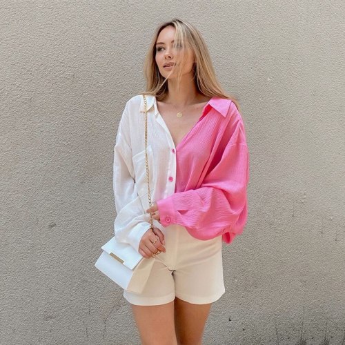 High Street Fashion Candy Color Contrast Shirt Sexy Turn-down Collar Long Sleeve Blouse 2021 Casual Button Autumn Tops For Women