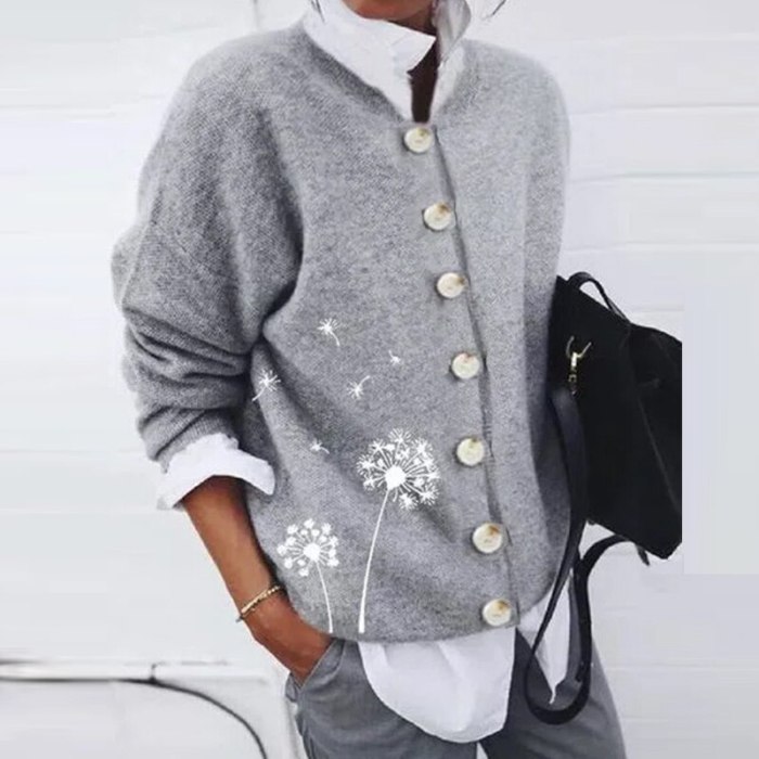 2021 Casual Long Sleeve Autumn Shirt Blusas Retro Dandelion Print Women Loose Blouse Fashion Winter Fleece Button Tops Cardigan