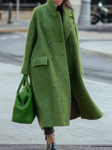 2021 new autumn/winter long woolen coat solid color temperament commuter beltless lapel loose-fitting woolen green coat