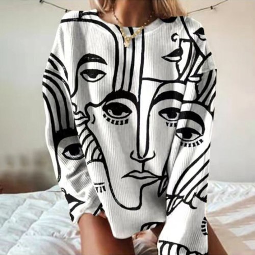 2021 Autumn Long Sleeve Oversized Hoodies 5XL Abstract Cartoon Print Casual Sweatshirts Women Fashion Loose O Neck Pullover Tops