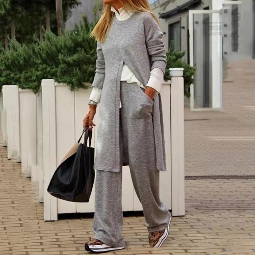 Female Sweatshirt Outfits Casual O Neck Slit Long Tops And Pocket Sport Pants Suits Women Fashion Solid Two Piece Set Tracksuits