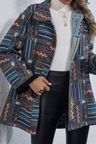 Autumn Winter Long Sleeve Vintage Overcoat Fashion Pattern Printed Loose Outerwear Women Turn-down Collar Single Breasted Coats