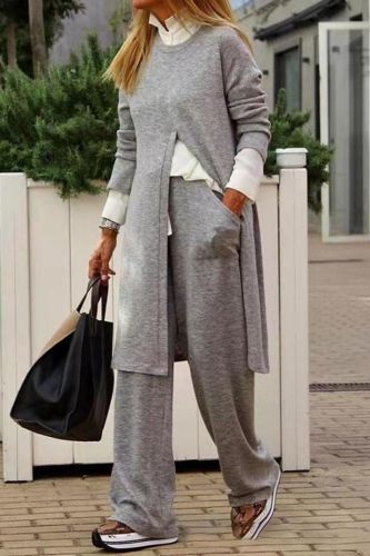Female Sweatshirt Outfits Casual O Neck Slit Long Tops And Pocket Sport Pants Suits Women Fashion Solid Two Piece Set Tracksuits