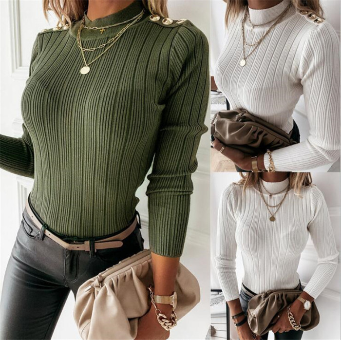 Elegant Women Solid Color Sweaters Patchwork Design Button Decor High Collar Long Sleeve Winter Slim Pullovers Knitted Top