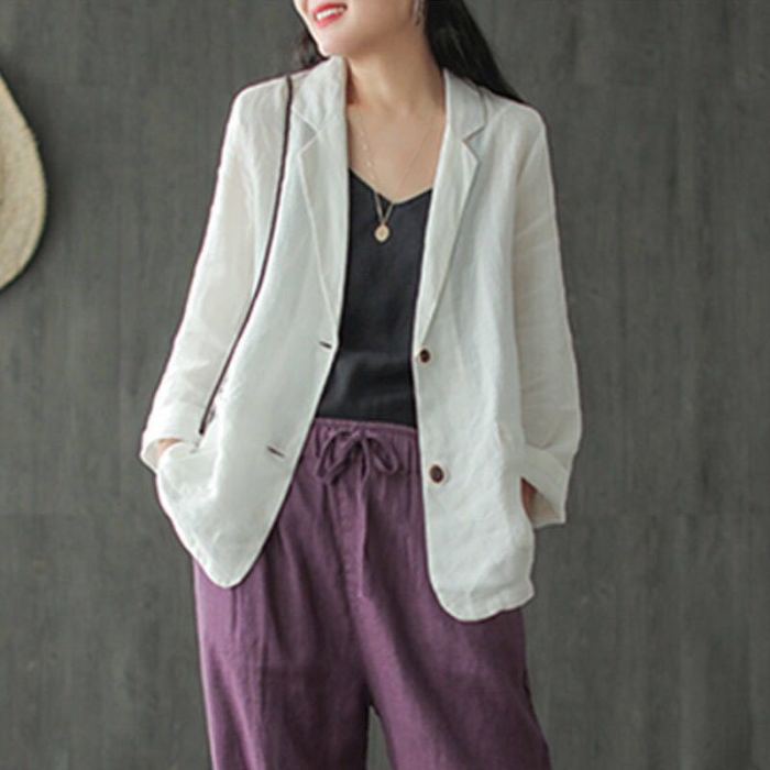 Women Cotton Linen Casual Blazer Jackets New 2021 Summer Vintage Style Solid Color Loose Ladies Thin Outerwear Coats S3890