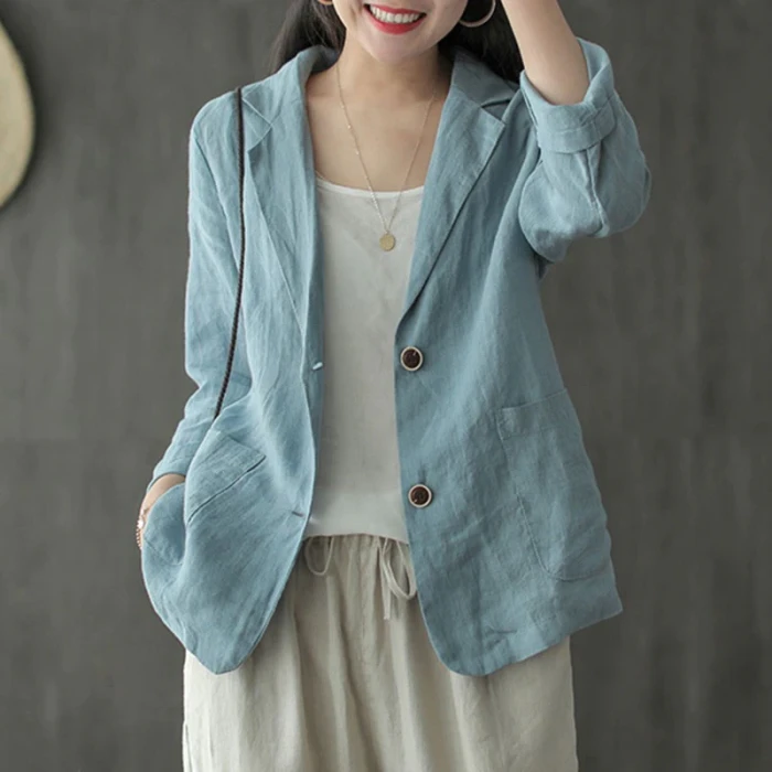 Women Cotton Linen Casual Blazer Jackets New 2021 Summer Vintage Style Solid Color Loose Ladies Thin Outerwear Coats S3890