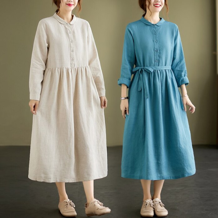 2021 New Korea Style Long Sleeve Autumn Blouse Dress Cotton Linen Sashes Office Lady Work Dress Women Casual Spring Midi Dress