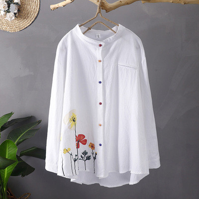 New Cotton Linen Printed Button Blouses&Shirts