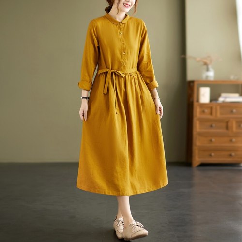 2021 New Korea Style Long Sleeve Autumn Blouse Dress Cotton Linen Sashes Office Lady Work Dress Women Casual Spring Midi Dress