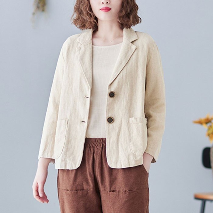 Women Cotton Linen Tailored Coats New Arrival 2021 Spring Vintage Style Turn-down Collar Solid Color Loose Female Jackets S3735