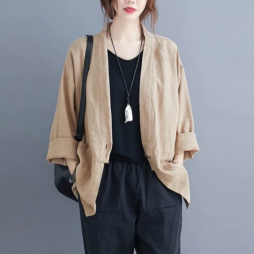 Oversized Women Cotton Linen Casual Jackets New 2021 Autumn Vintage Solid Color Loose Comfortable Female Outerwer Coats S1555