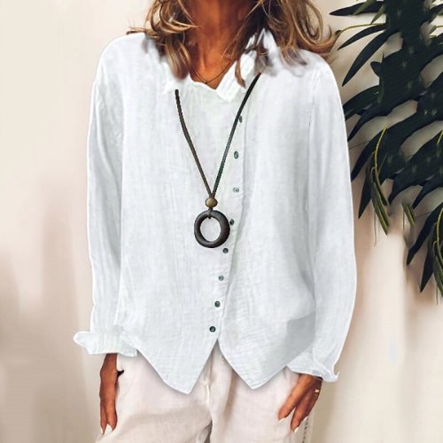 Spring New Women Loose Shirt Blouse Solid Color V-Neck Ladies Cotton Linen Tops Button-Up Long Sleeve Women's Shirts