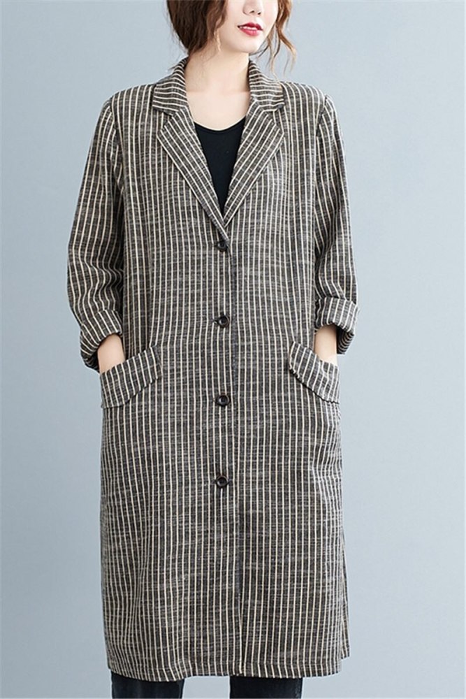 2021 Autumn Retro Striped Cotton and Linen Suit Collar Jacket Loose Long Windbreaker Long Sleeve Cardigan Women Shirt t K1295