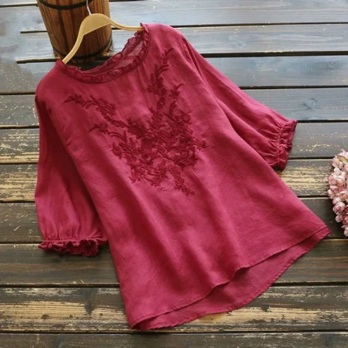 Women Embroidery Loose Solid Color Cotton Blouses&Shirts