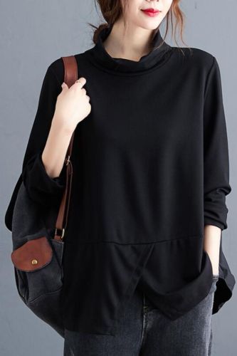 Oversized Women Autumn Long Sleeve T-shirt New 2020 Autumn Vintage Turtleneck Loose Comfortable Female Black Tops Shirts S1546