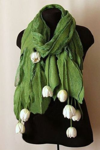 INS 2021 Fall/Winter Pastoral Style White Tulip Flowers Scarf Green Warm Ladies Scarf