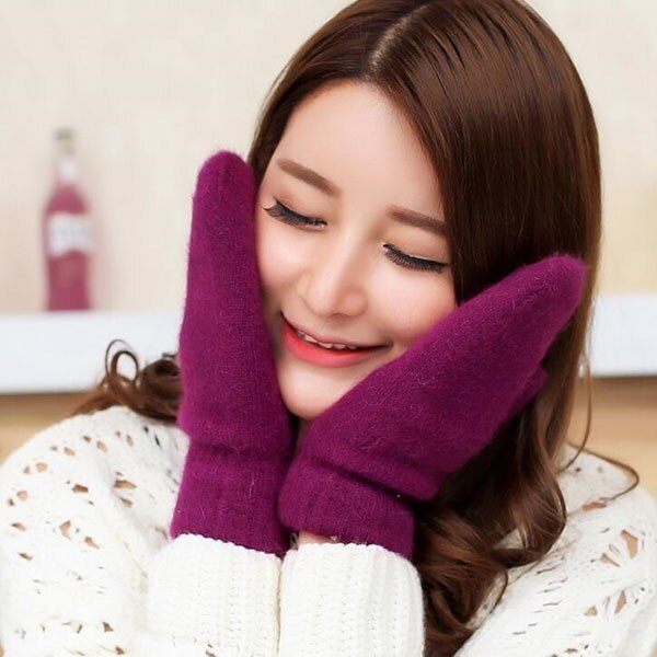 Warm Candy Color Double Layer Thick Female Gloves Cashmere Mittens Women Girl Winter Gloves Pure Color Rabbit Fur Soft