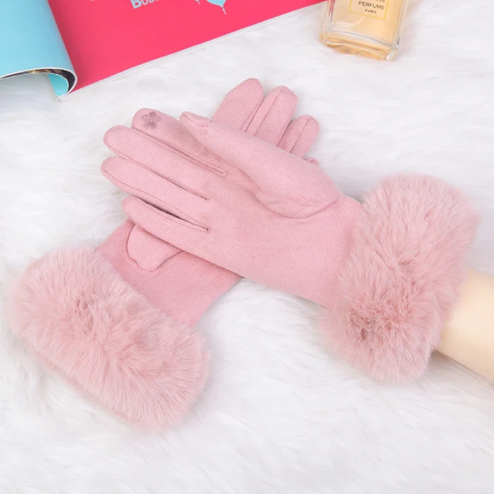 Fashion Women Winter Warm Suede Leather Touch Screen Glove Female Faux Rabit Fur Embroidery Plus velvet thick driving gloves H92