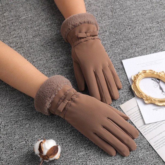 Winter Women Outdoor Cycling Cashmere Thicken Windproof Warm Gloves Cute Bow Velvet Waterproof Touch Screen Driving Mittens L26L