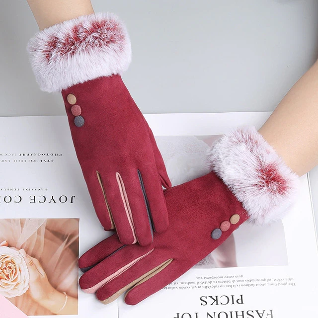 Fashion Women Winter Warm Suede Leather Touch Screen Glove Female Faux Rabit Fur Embroidery Plus velvet thick driving gloves H92