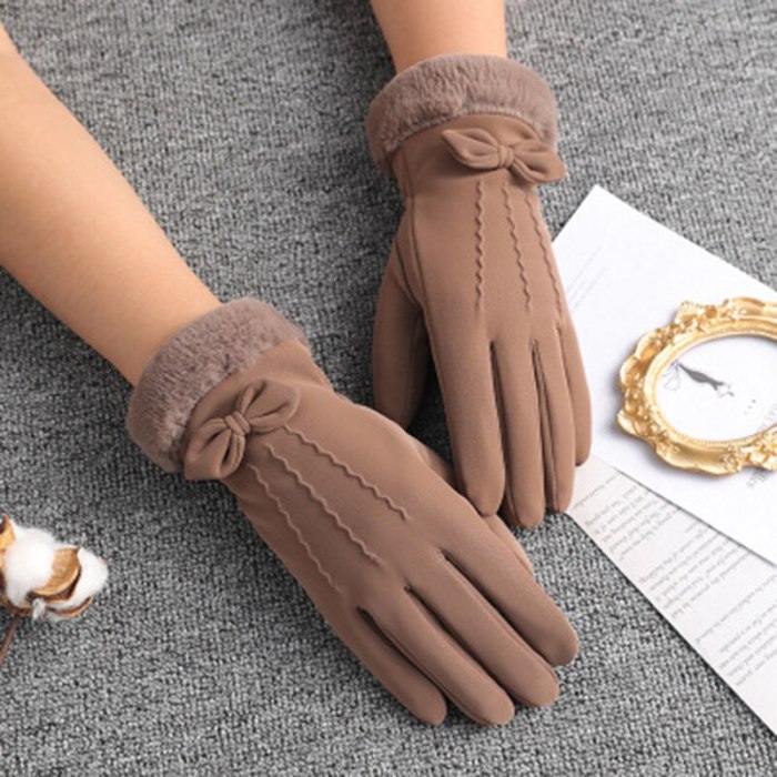 Winter Women Outdoor Cycling Cashmere Thicken Windproof Warm Gloves Cute Bow Velvet Waterproof Touch Screen Driving Mittens L26L