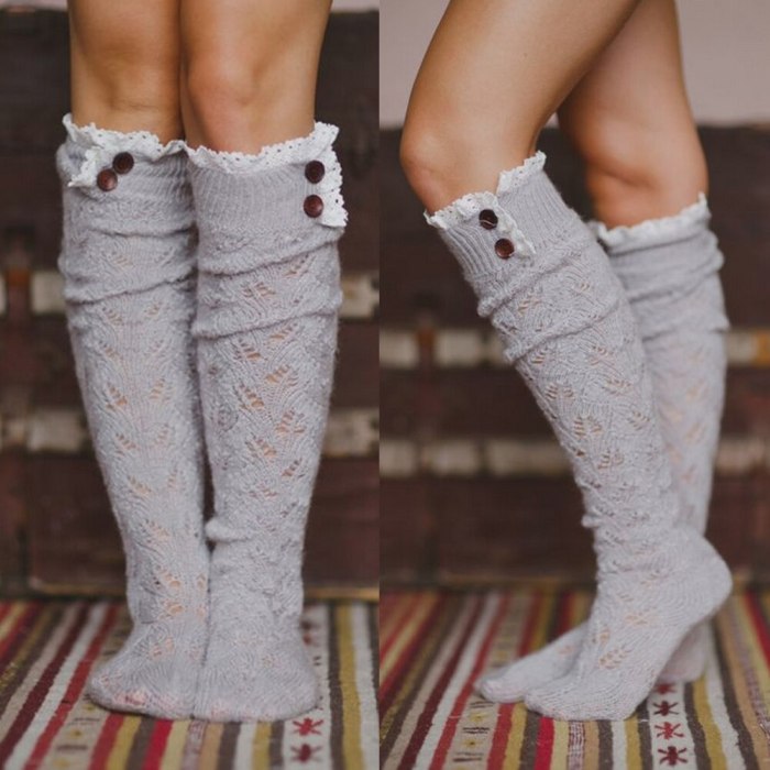 Women Winter Warm Leggings Cable Knitted Over Knee Thigh High Long Boot Stockings Girls Lace Frill Stockings 1Pairs