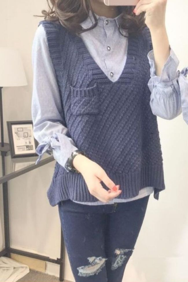 Women Casual Striped Pocket Knitted Sweater Vest