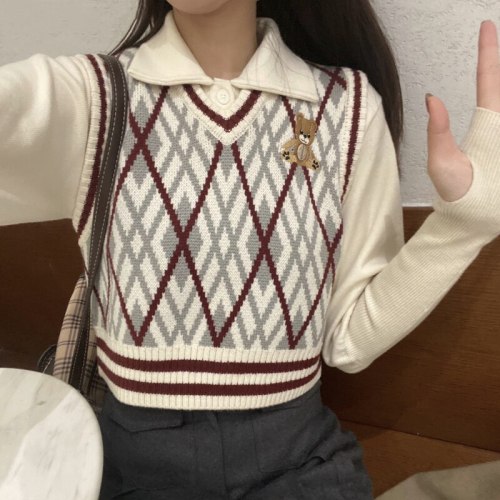 Preppy Style Vintage Knit Cropped Sweater Vest Embroidery V-neck Sleeveless Pullovers Waistcoat Korean Chic Tank Tops