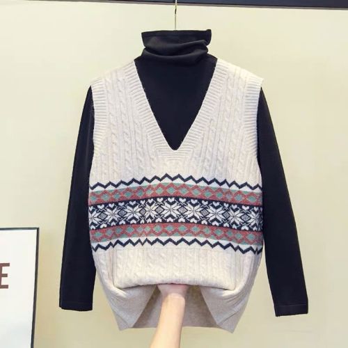 2021 Autumn Winter Women Vintage Sweater Vest Female Print V Neck Sleeveless Knitted Waistcoat Lady Loose Thick Warm Vest L723