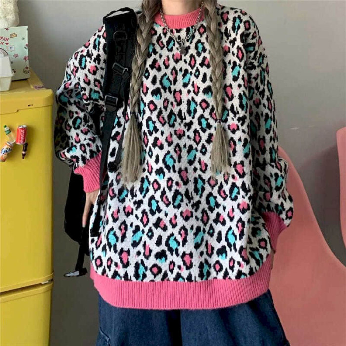 Oversized Sweater Pullover Harajuku Style Retro Leopard Print Loose Mid-length Plus Velvet Coat Top  Winter Clothes Women
