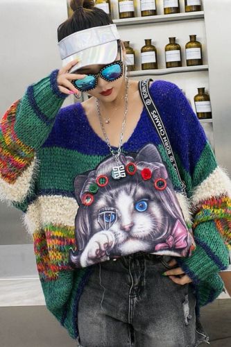 New Fashion Korean Style Thickened Mid-Length Beaded Cat Oversized V-Neck Sweater Autumn And Winter Western Women