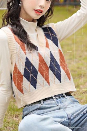 Sweater Vest Women V-Neck Argyle Knitted Sweaters Vests Womens Pullovers Short Korean Style Sleeveless Trendy All-Match Casual