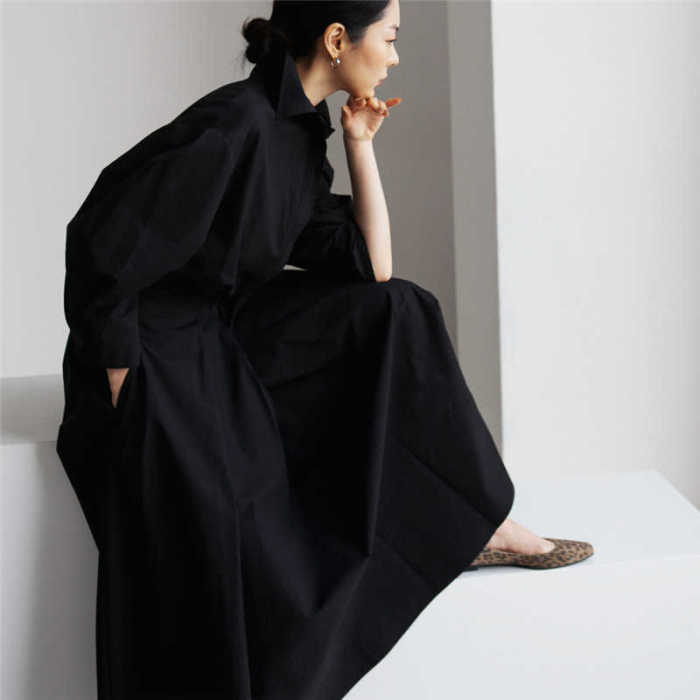 Korea Trend Solid New Lapel Single Button Loose Long-sleeved Shirt Dress