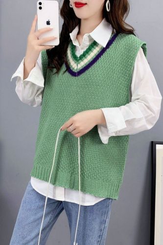 Women Pullovers Korean Spring V Neck Contrast Color Knitted Vest 2021 Autumn Casual Loose Sleeveless Sweaters Y2k Tops