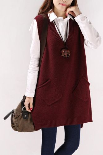 Women's V-neck Knit Long A-shaped Pocket Sweater Vest