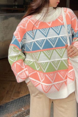 Vintage sweet sweater women Korean striped  round neck sweater geometric print loose top sweater  womens winter sweaters