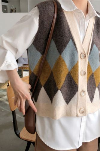 Korea Chic Argyle Sweater Vest Women 2021 Autumn Winter New Loose Outer Wearing Knitted Cardigan Trend Female Tide 16E2751
