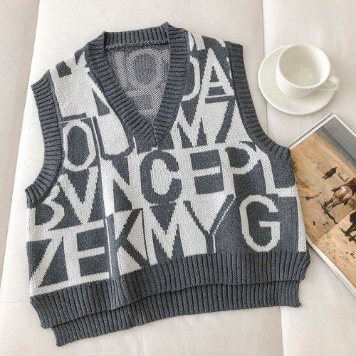 2021 Spring Autumn V Neck Short Sweater Vest For Women Korean Loose Letter Print Knit Sleeveless Jacket Female Knitwear