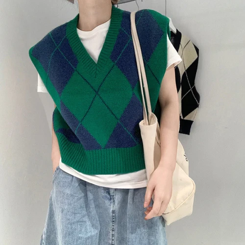 Green Argyle Short Sweater Vest Women 2021 Autumn Winter Korean Cute V-neck Knit Sleeveless Jacket Vest Female Crop Tops