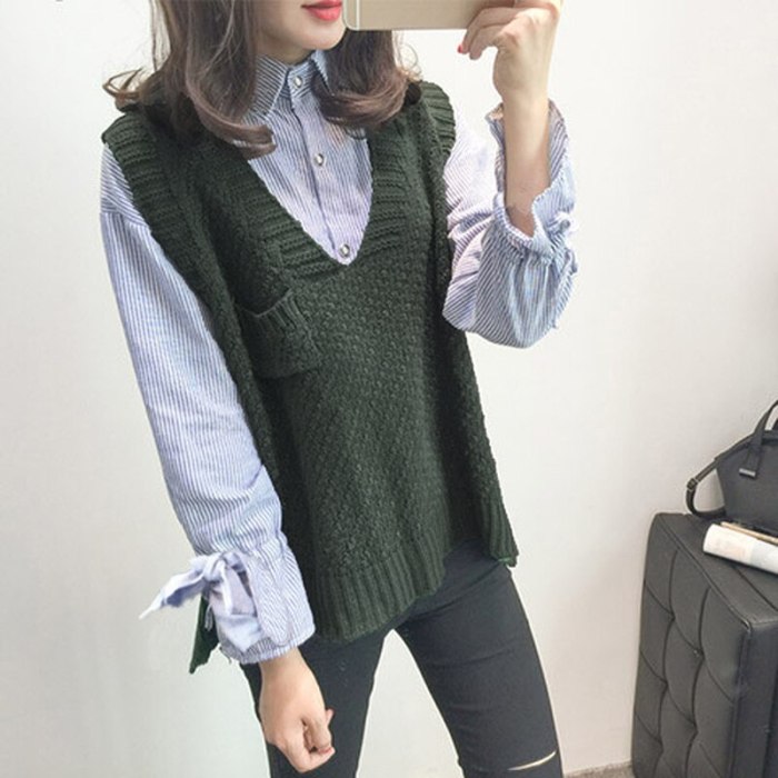 Women Casual Striped Pocket Knitted Sweater Vest