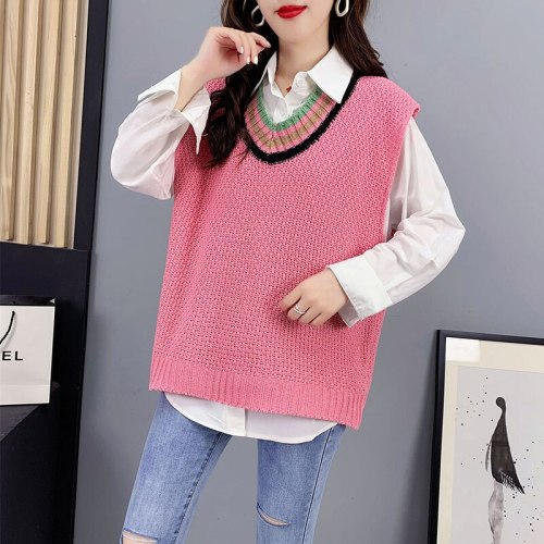 Women Pullovers Korean Spring V Neck Contrast Color Knitted Vest 2021 Autumn Casual Loose Sleeveless Sweaters Y2k Tops