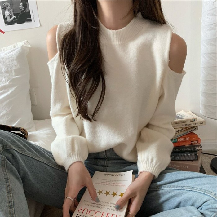Korean Sweaters Women Streetwear Knitwear Pullover Off Shoulder Lantern Sleeve Fashion Spring Autumn Outwear Jumper B709