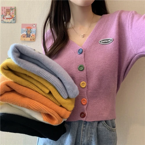 New Korean Sweet Cardigan Sweater Women Single Breasted V-neck Long-sleeved Knitted Jacket S-4XL Short Cardigan 6 colors
