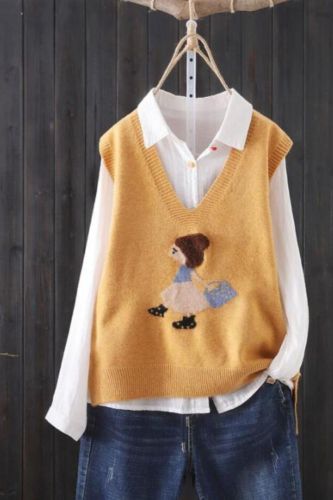 Loose V-neck Knitted Sweater Vest Female Cartoon Embroidery Pattern Sleeveless Simple Commuter Fashion Sweater Vest Women Spring