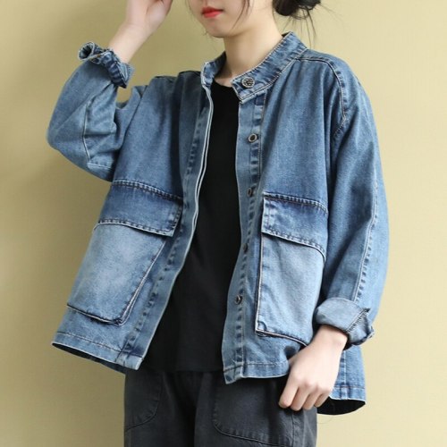 European Spring New Stand Collar Washed Loose Long-sleeved Denim Casual Short Jackets Coats Women Tops Fashion Streetwear 2021